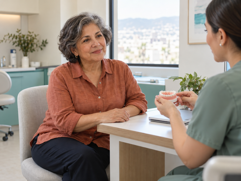 Woman discussing dental implant options with a dentist holding a dental arch model in a bright clinic.