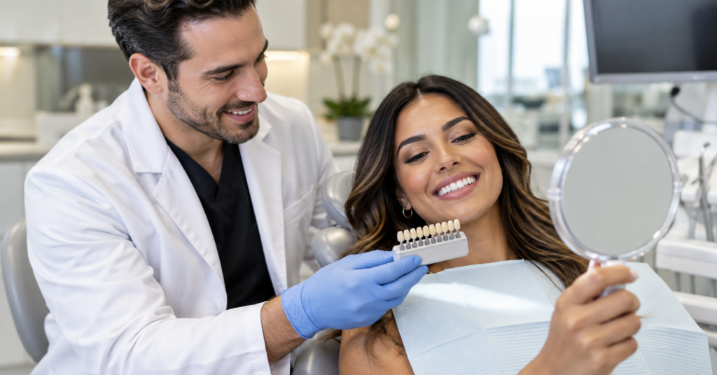 Dentist and patient reviewing veneer shades during a cosmetic dental consultation in Tijuana