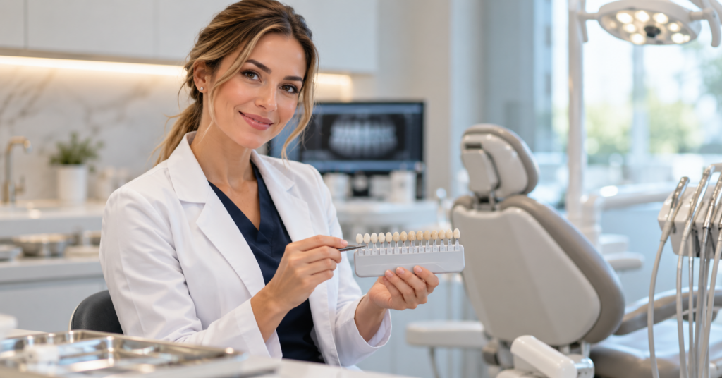 Dentist presenting a veneer shade guide in a modern dental clinic in Tijuana
