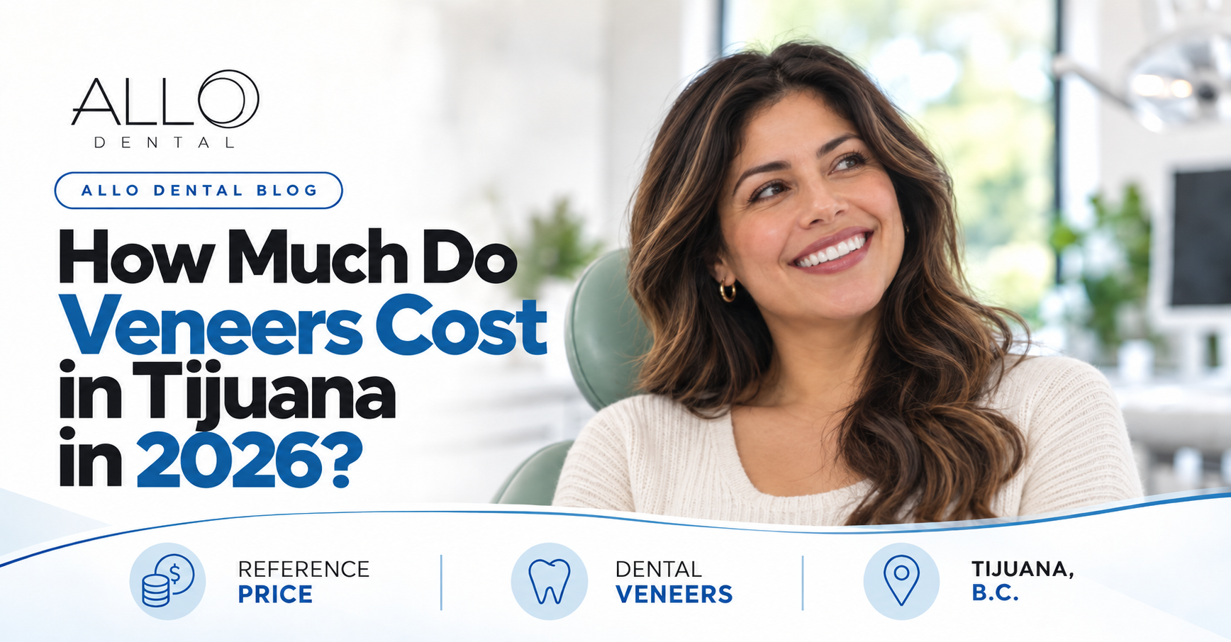 Smiling woman in a dental clinic with Allo Dental blog banner about veneers cost in Tijuana in 2026