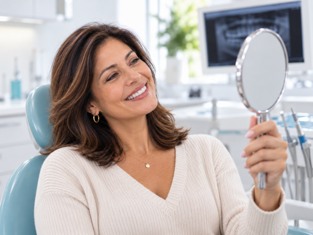Latina patient smiling while reviewing her teeth in a mirror during a veneers appointment in Tijuana