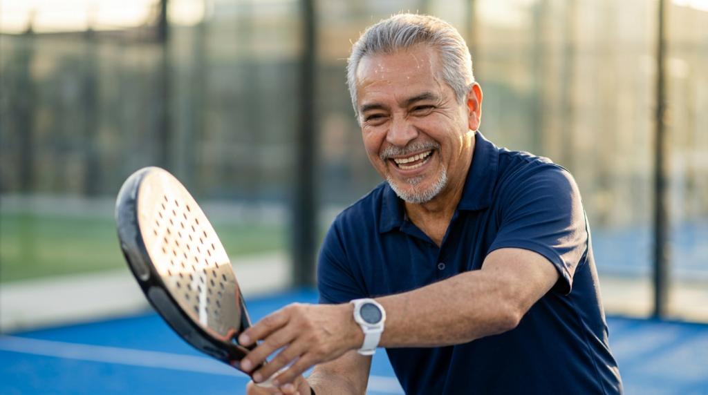 Smiling Mexican-American man in his 60s playing padel outdoors, illustrating an active lifestyle with stable, natural-looking teeth