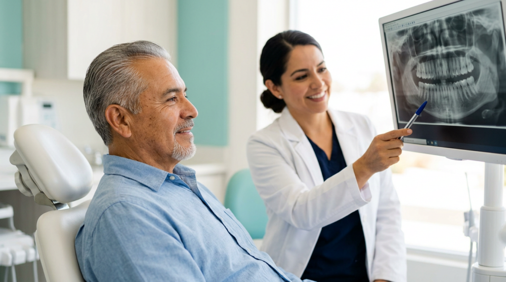 Mexican-American man in his 60s in a dental chair while a dentist reviews his panoramic X-ray during an All-on-6 vs dentures evaluation in Tijuana