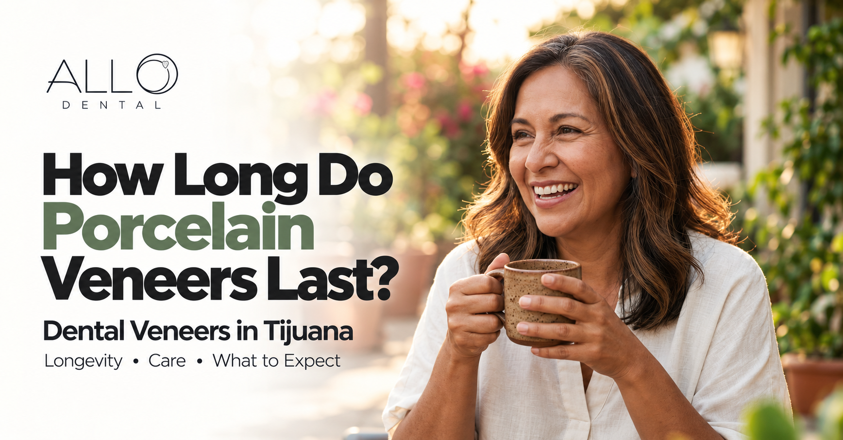 Mexican-American woman in her 50s smiling naturally at home, illustrating how long porcelain veneers can last.