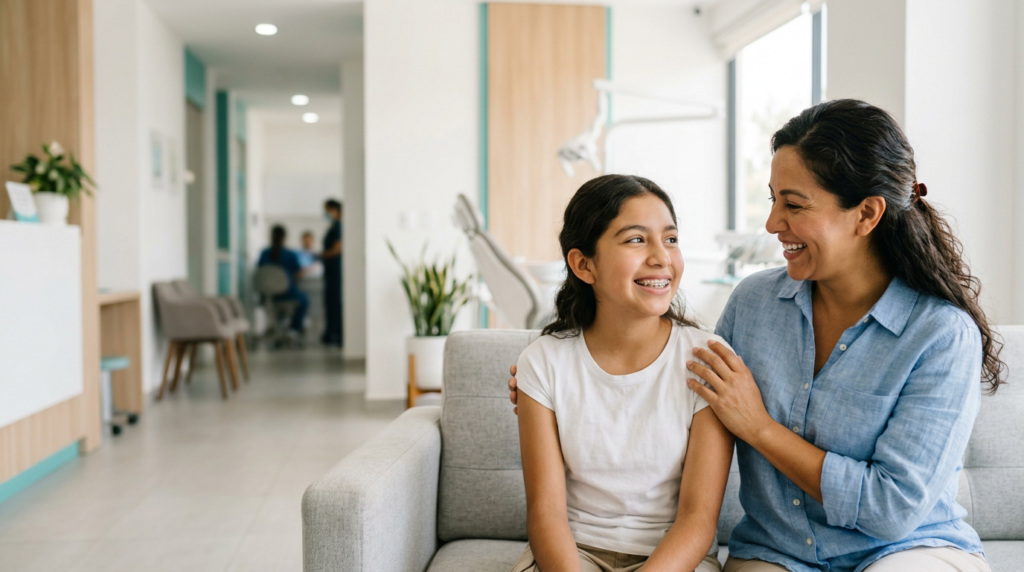 Teenage girl wearing braces smiles with her mother in a dental clinic, beside the text “Braces in Tijuana: Cost, Types & Visits.”Teenage girl wearing braces smiles with her mother in a dental clinic, beside the text “Braces in Tijuana: Cost, Types & Visits.”
