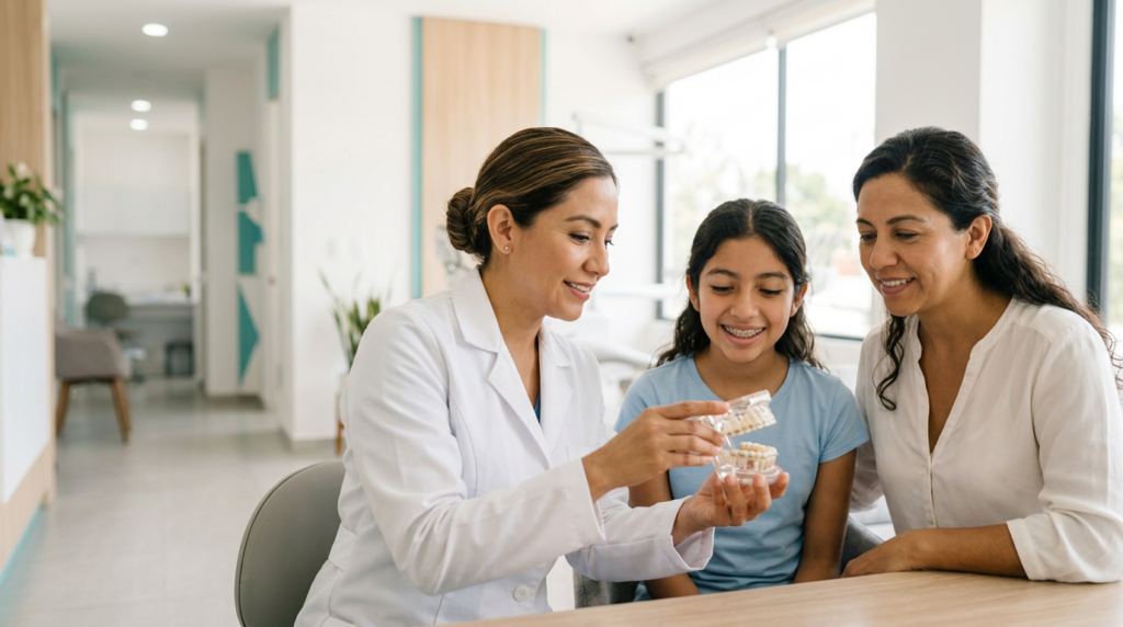 Teenage girl wearing braces smiles with her mother in a dental clinic, beside the text “Braces in Tijuana: Cost, Types & Visits.”